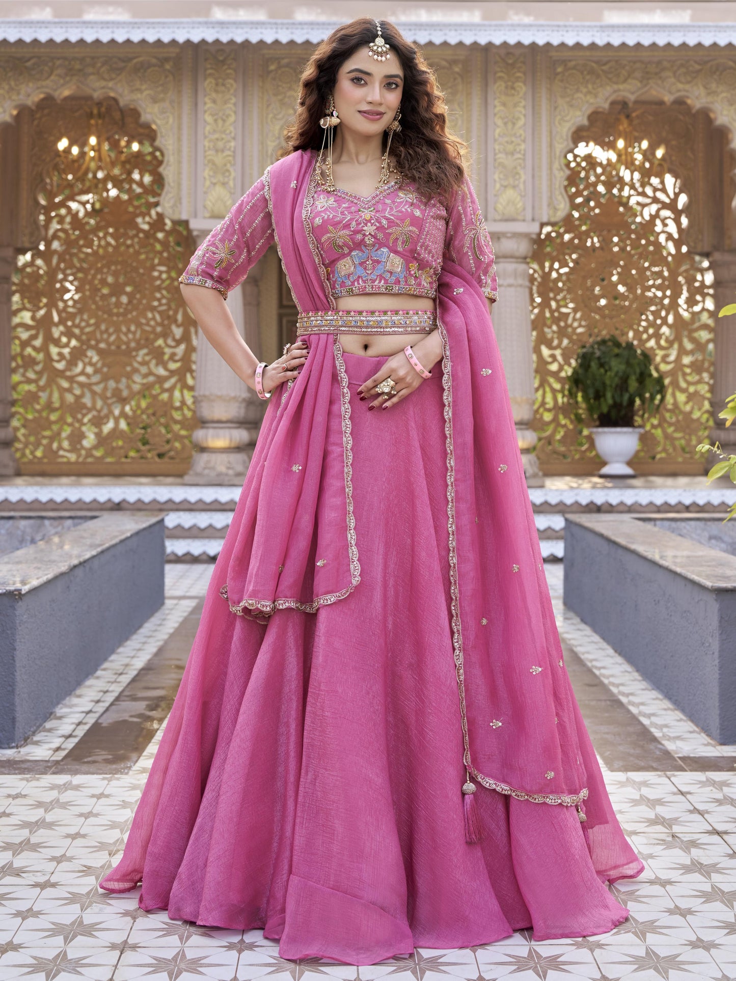 Fantastic Pink Embroidered Crunchy Designer Lehenga Choli