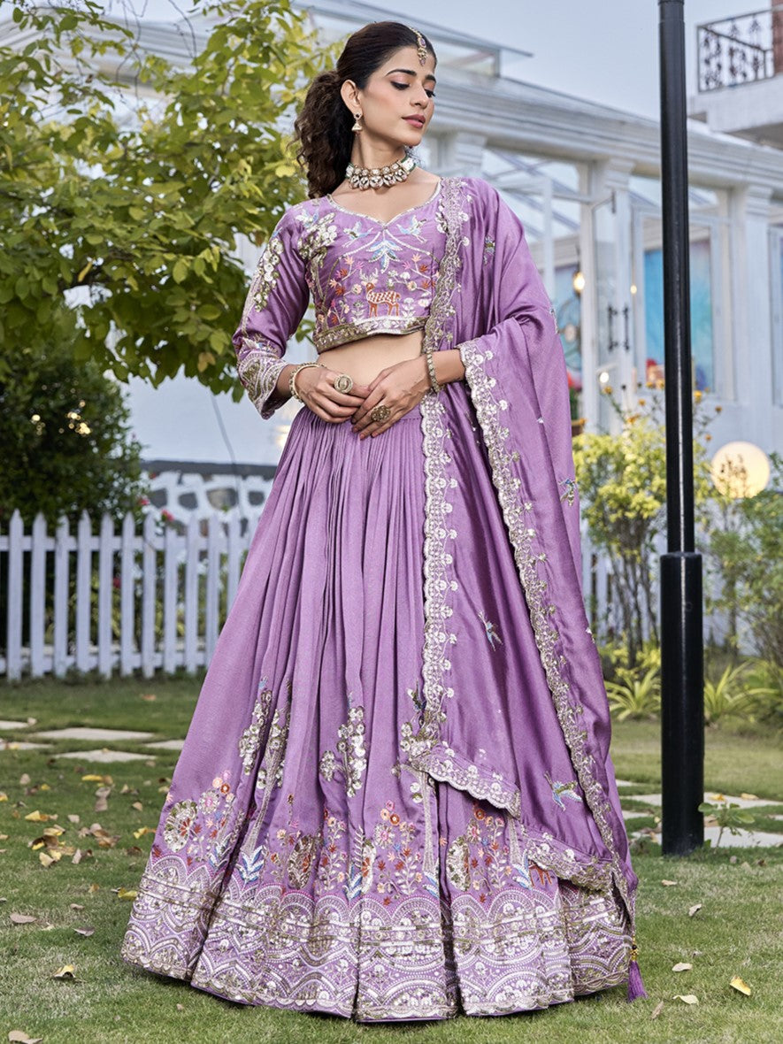 Amazing Purple Embroidered Silk Engagement Lehenga Choli