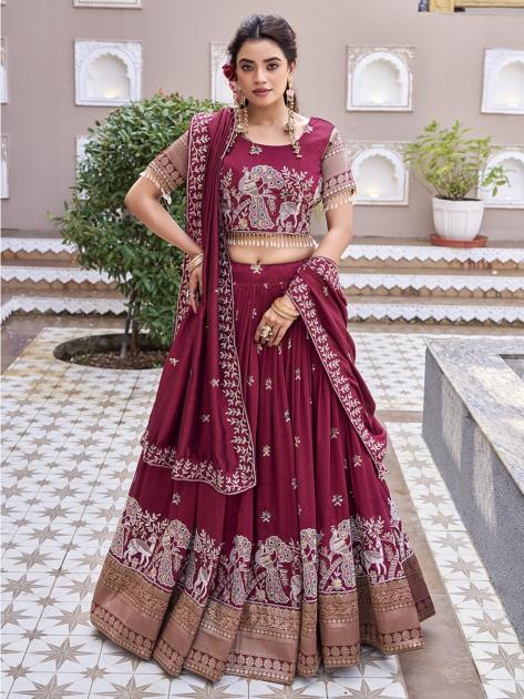 Gorgeous Maroon Zari Work Silk Reception Lehenga Choli