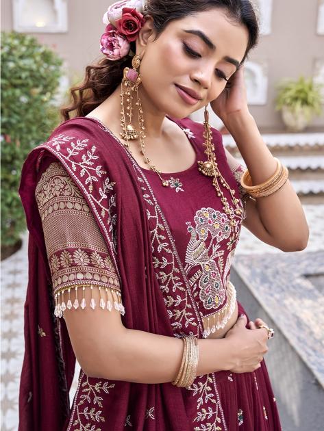 Gorgeous Maroon Zari Work Silk Reception Lehenga Choli