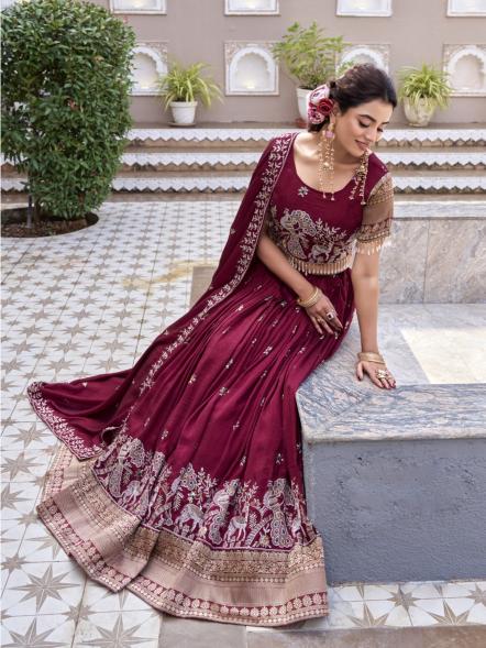 Gorgeous Maroon Zari Work Silk Reception Lehenga Choli