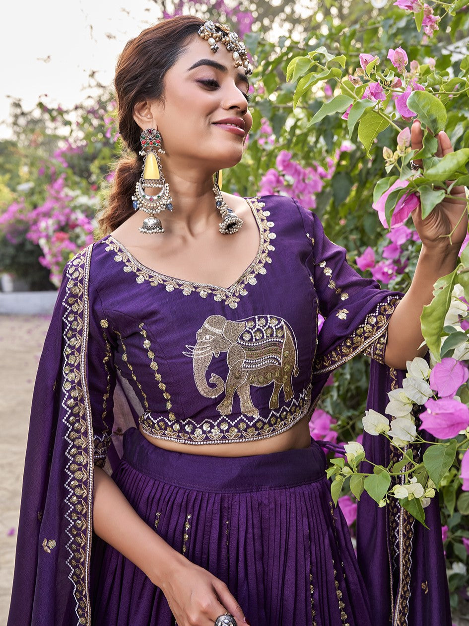 Splendid Purple Sequins Work Silk Bridesmaid Lehenga Choli