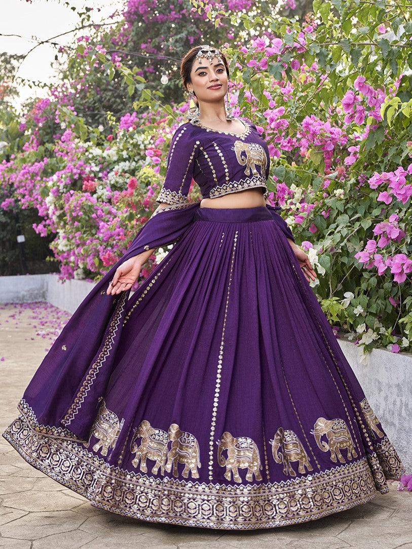 Splendid Purple Sequins Work Silk Bridesmaid Lehenga Choli