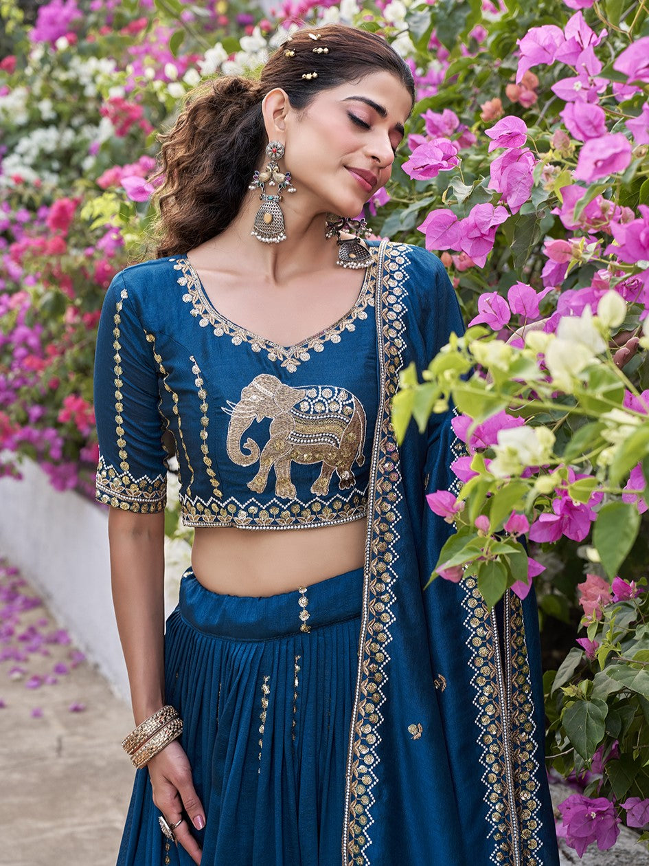 Elegant Blue Sequins Work Silk Engagement Lehenga Choli