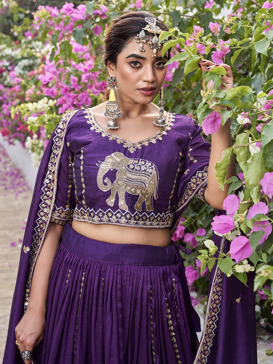 Splendid Purple Sequins Work Silk Bridesmaid Lehenga Choli