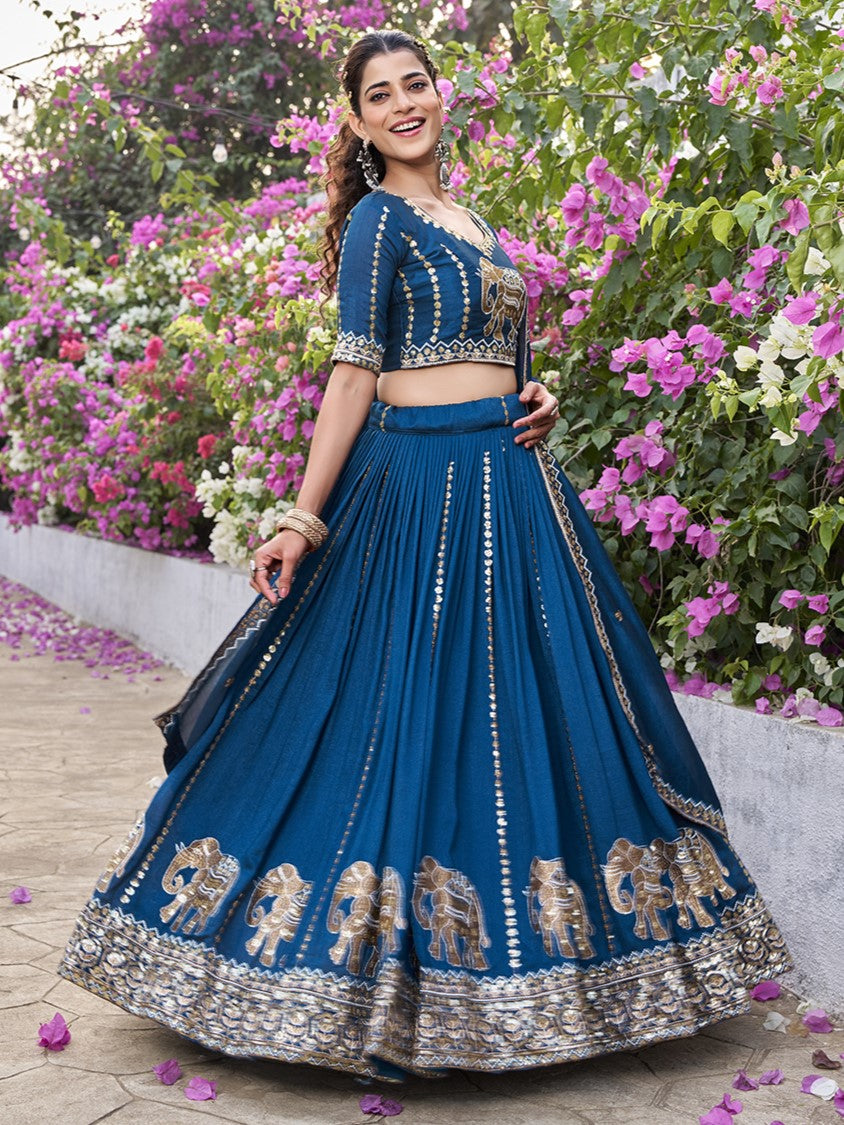 Elegant Blue Sequins Work Silk Engagement Lehenga Choli
