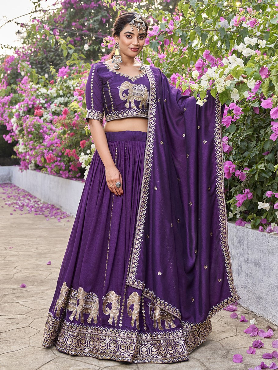 Splendid Purple Sequins Work Silk Bridesmaid Lehenga Choli