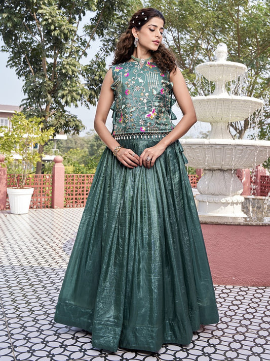 Precious Teal Blue Crush Sangeet Crop Top Lehenga With Jacket