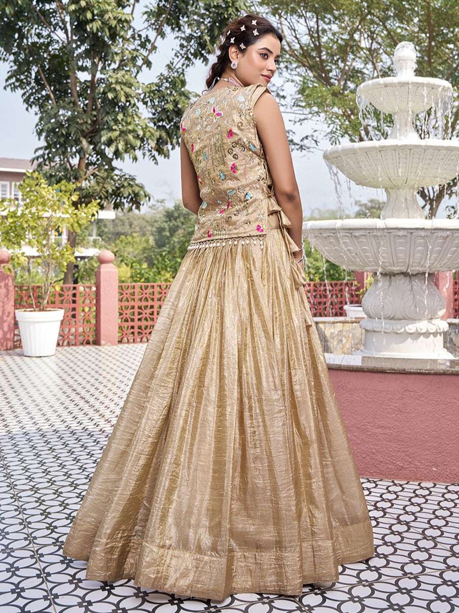 Fantastic Beige Crush Party Wear Crop top Lehenga With Jacket