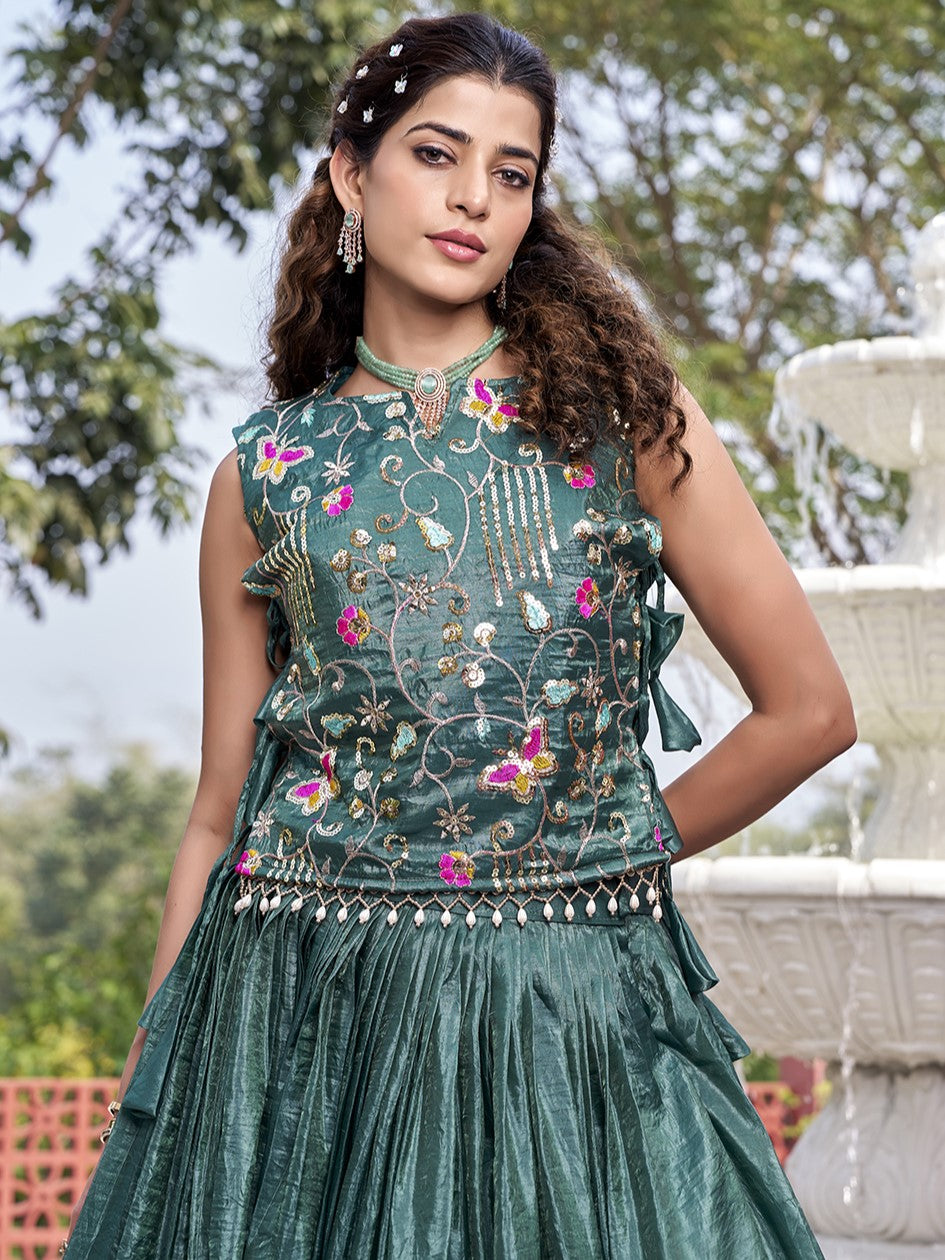 Precious Teal Blue Crush Sangeet Crop Top Lehenga With Jacket