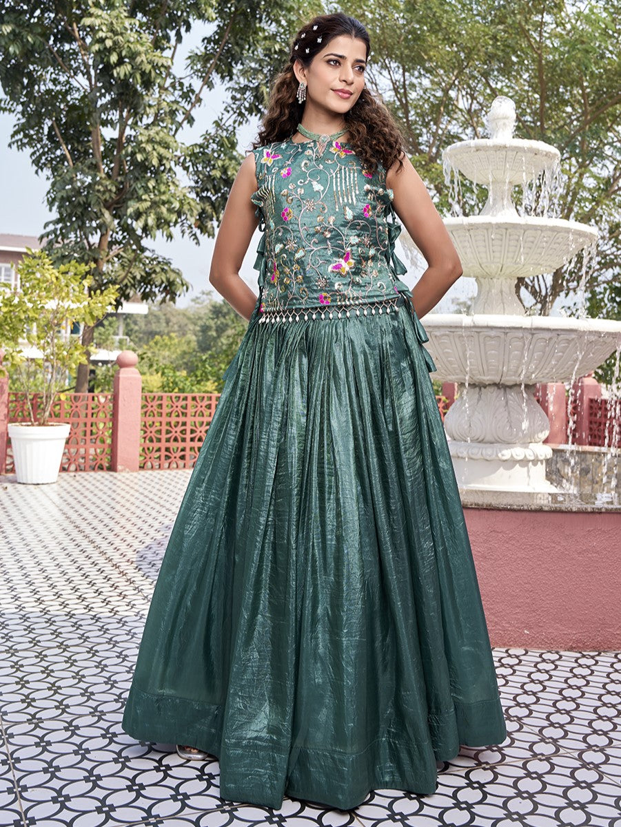 Precious Teal Blue Crush Sangeet Crop Top Lehenga With Jacket