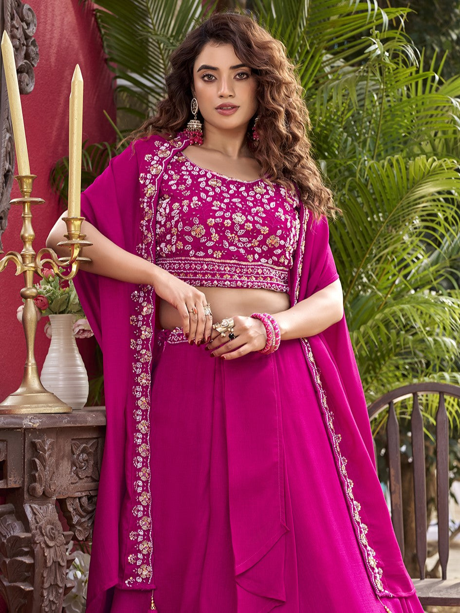 Spectacular Hot Pink Embroidered Silk Lehenga Choli With Shrug