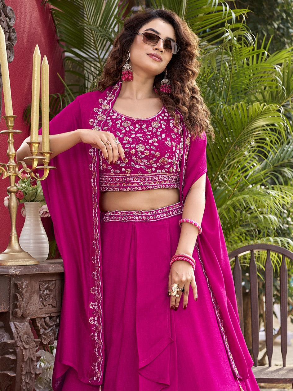 Spectacular Hot Pink Embroidered Silk Lehenga Choli With Shrug
