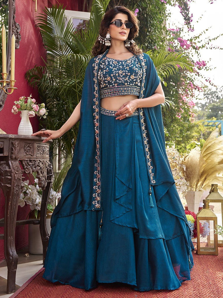 Wonderful Blue Embroidered Silk Designer Lehenga Choli With Shrug