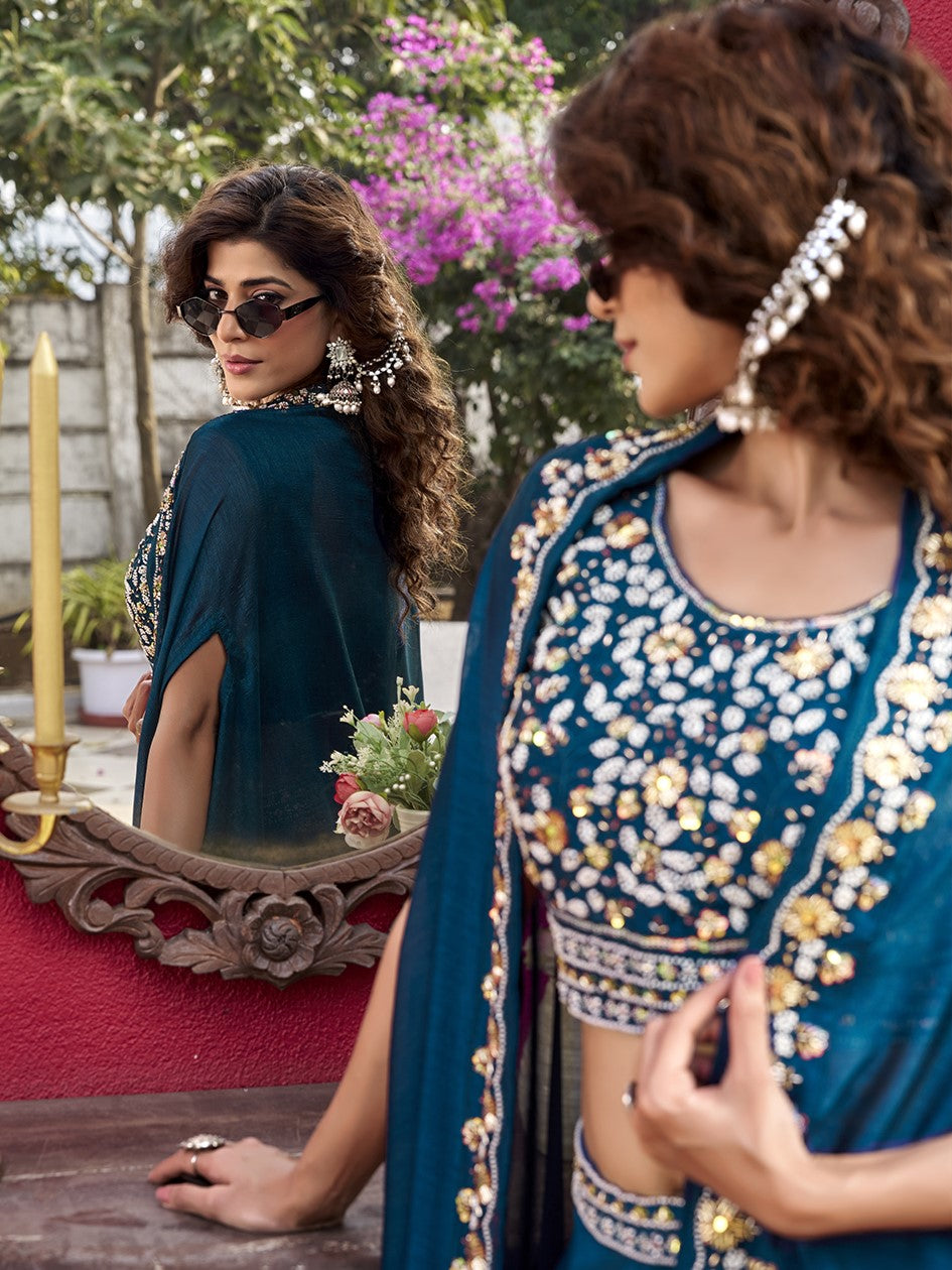 Wonderful Blue Embroidered Silk Designer Lehenga Choli With Shrug