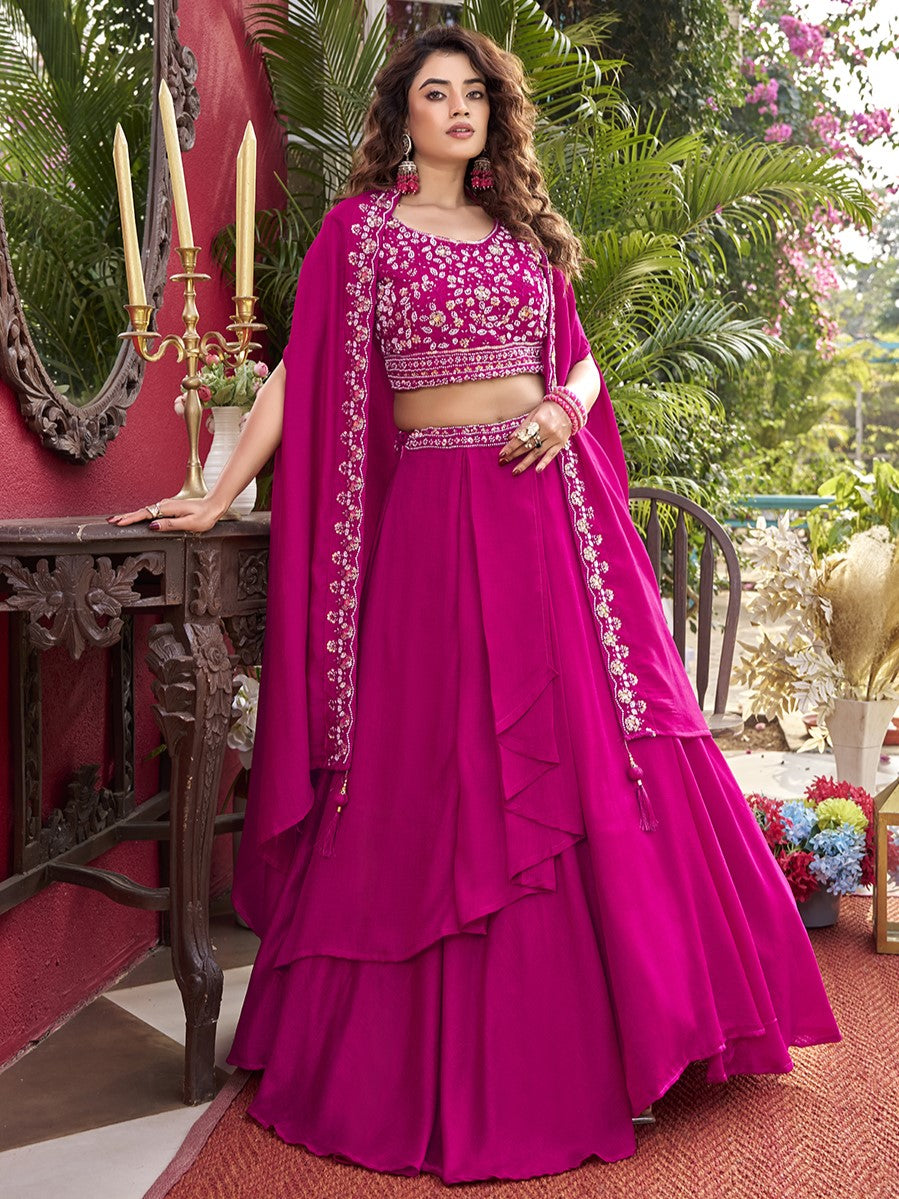 Spectacular Hot Pink Embroidered Silk Lehenga Choli With Shrug