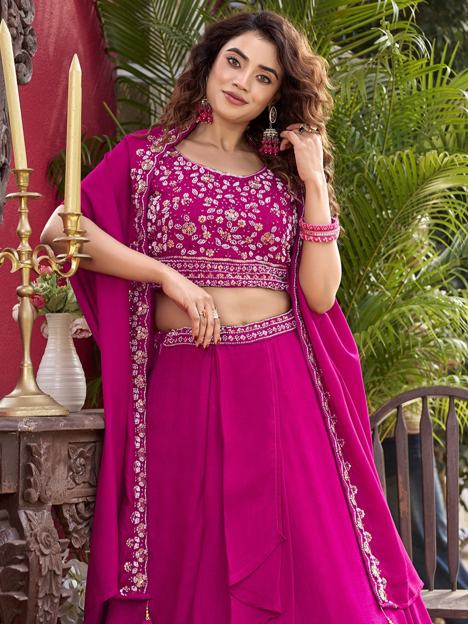 Spectacular Hot Pink Embroidered Silk Lehenga Choli With Shrug