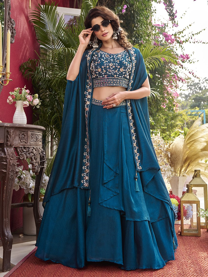 Wonderful Blue Embroidered Silk Designer Lehenga Choli With Shrug