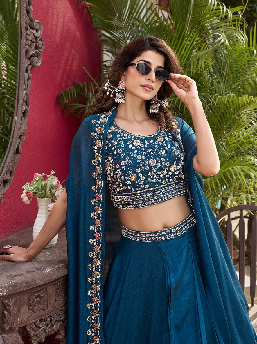 Wonderful Blue Embroidered Silk Designer Lehenga Choli With Shrug