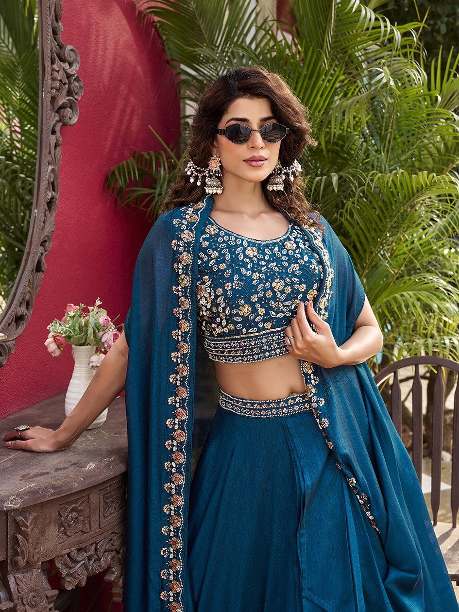Wonderful Blue Embroidered Silk Designer Lehenga Choli With Shrug