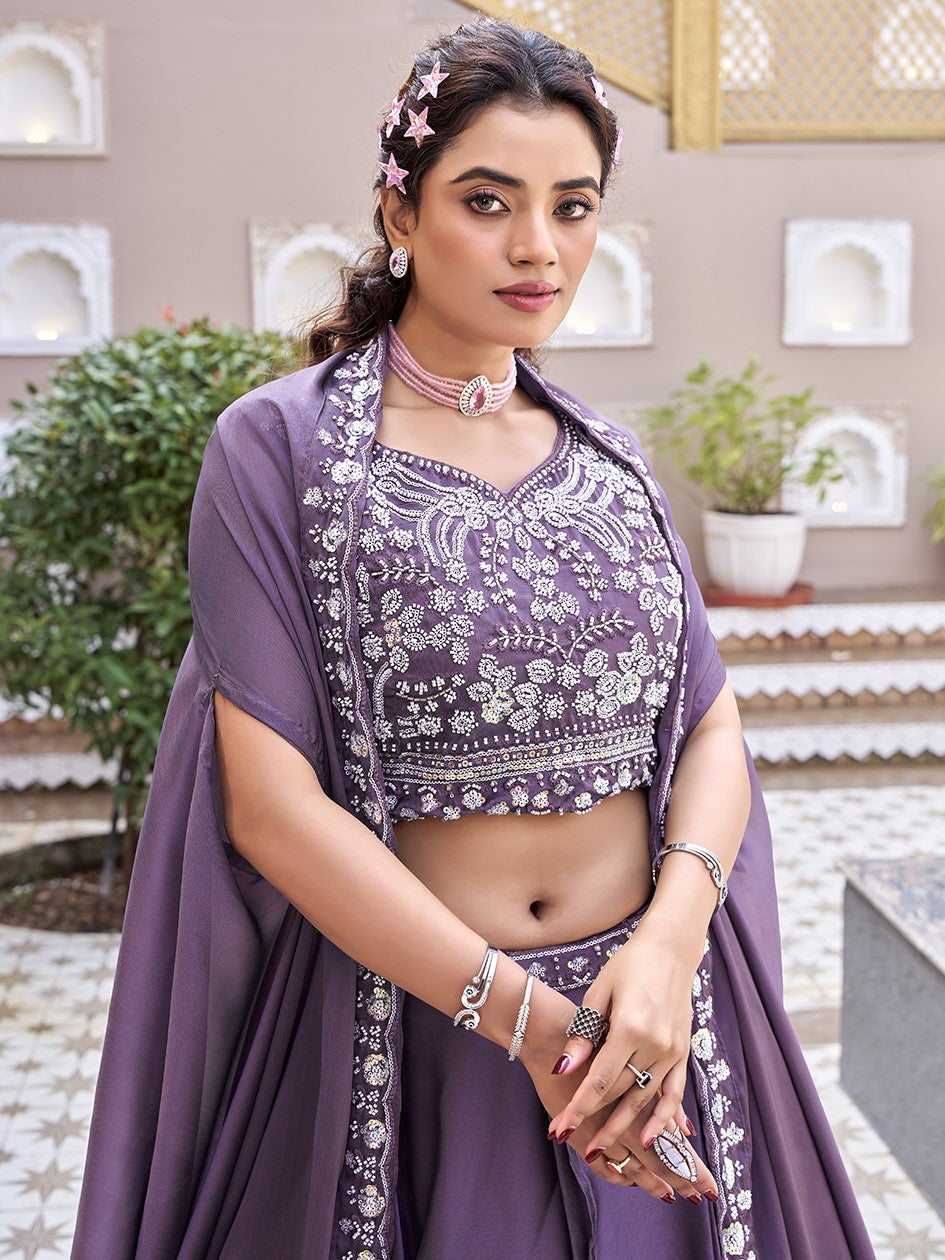 Chic Purple Embroidered Silk Engagement Lehenga Choli