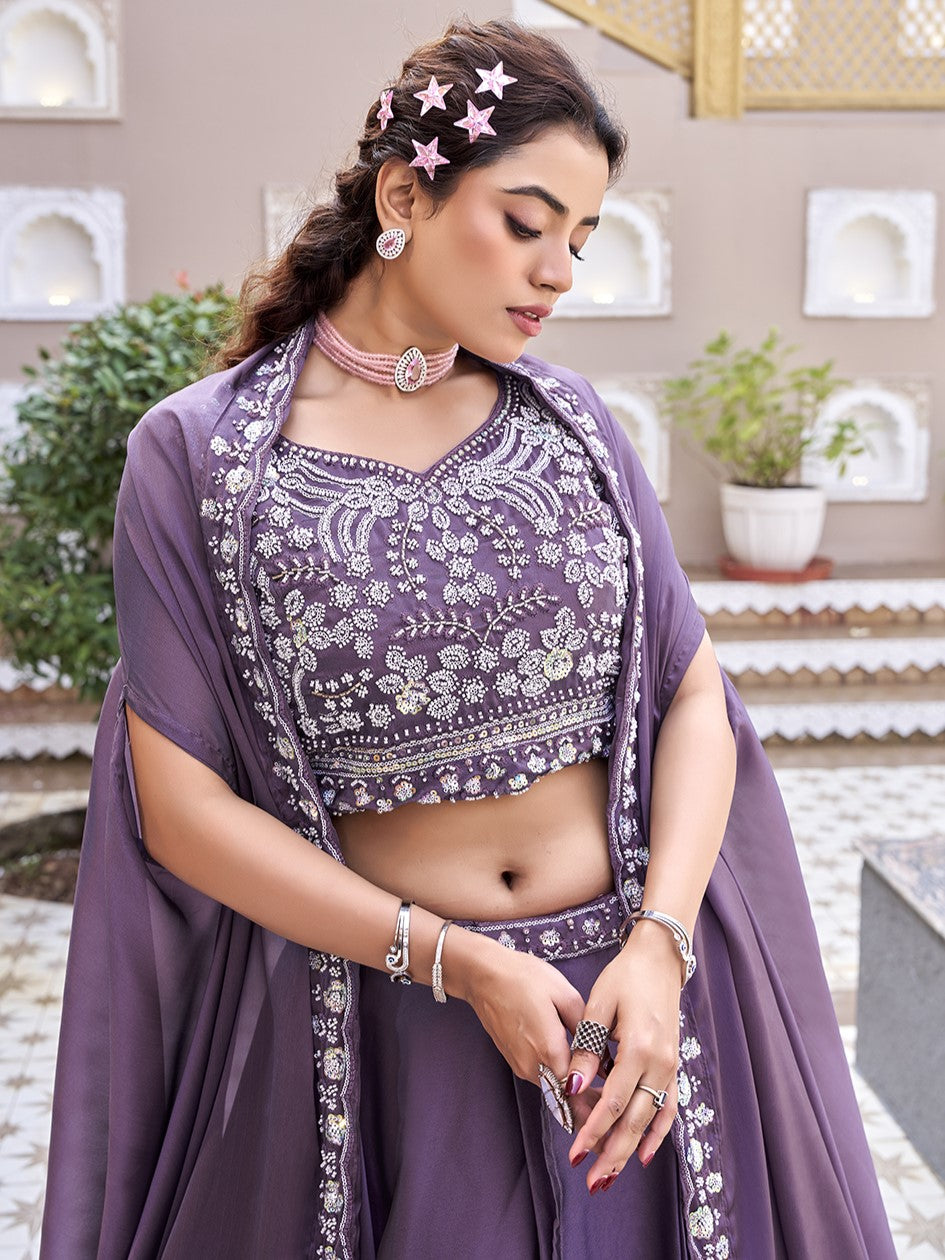 Chic Purple Embroidered Silk Engagement Lehenga Choli
