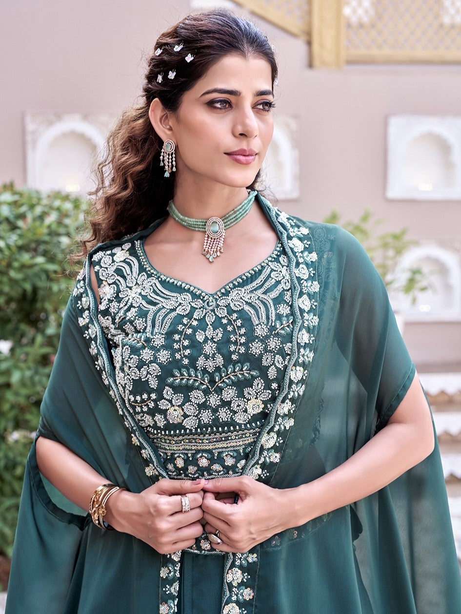 Attractive Teal Blue Embroidered Silk Lehenga Choli With Shrug
