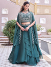 Attractive Teal Blue Embroidered Silk Lehenga Choli With Shrug