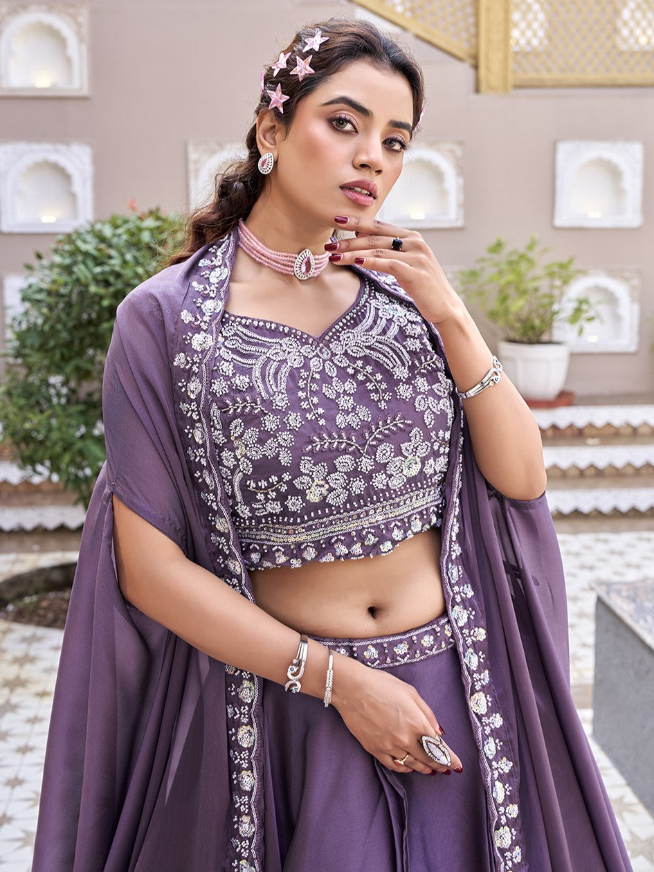 Chic Purple Embroidered Silk Engagement Lehenga Choli