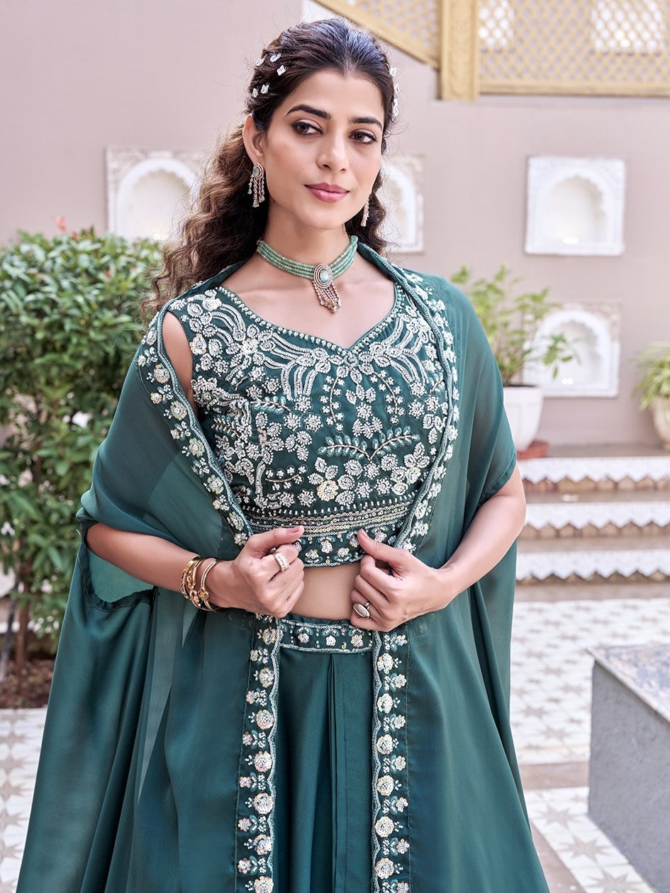 Attractive Teal Blue Embroidered Silk Lehenga Choli With Shrug