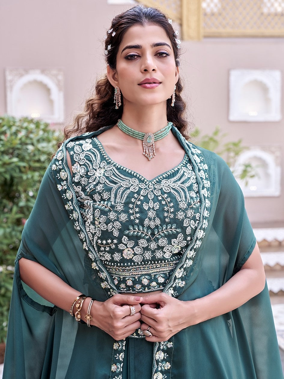 Attractive Teal Blue Embroidered Silk Lehenga Choli With Shrug