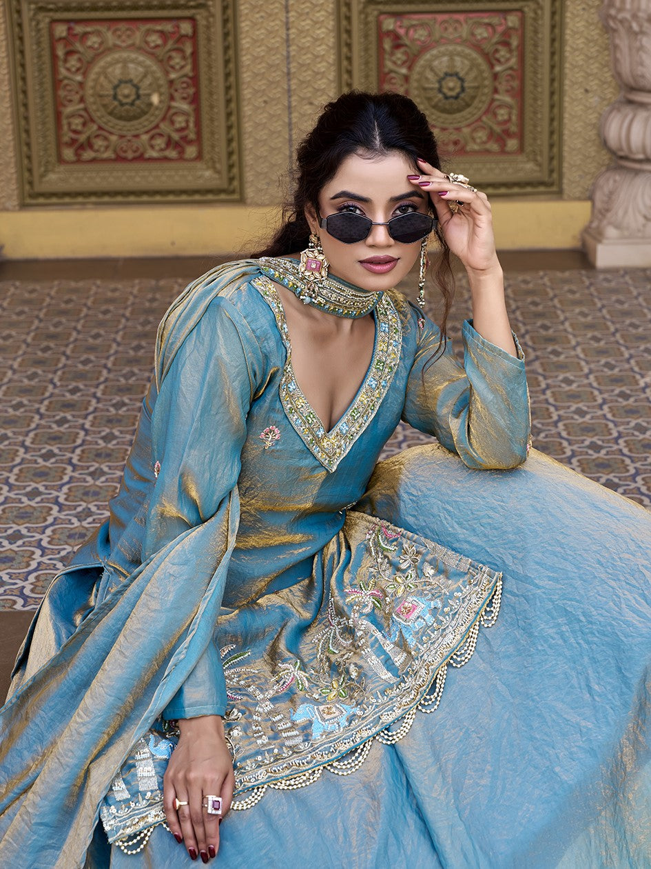 Fabulous Blue Khatli Work Fendy Co-ord Lehenga Set
