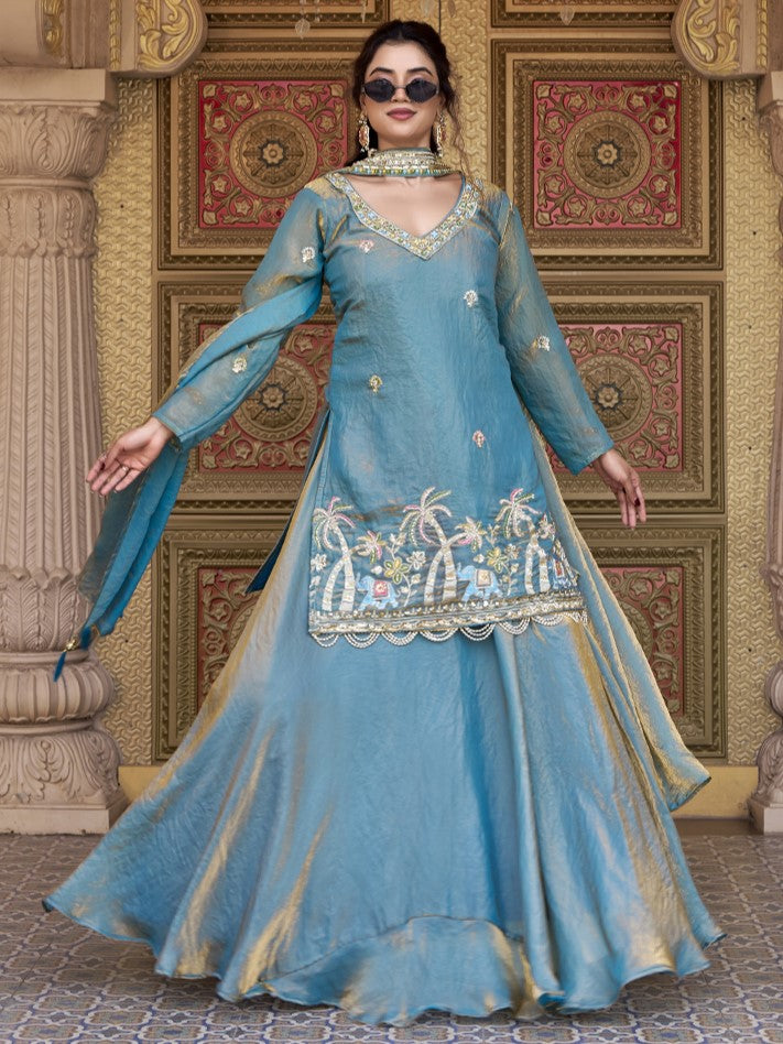 Fabulous Blue Khatli Work Fendy Co-ord Lehenga Set
