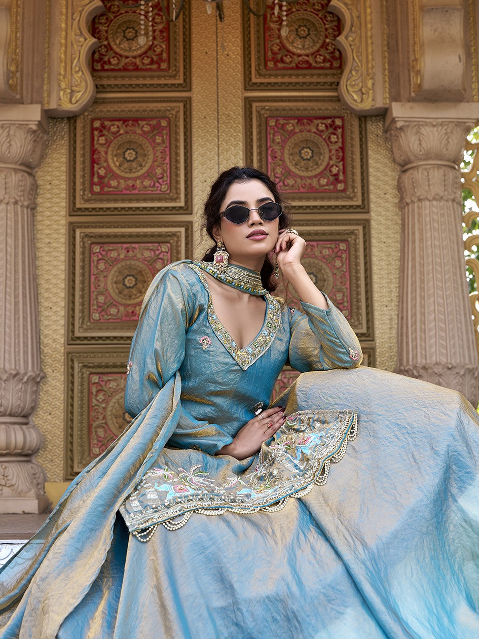 Fabulous Blue Khatli Work Fendy Co-ord Lehenga Set