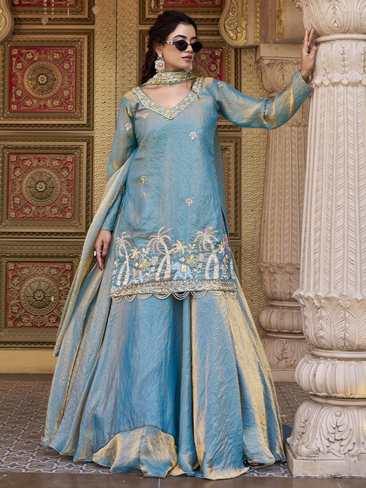 Fabulous Blue Khatli Work Fendy Co-ord Lehenga Set