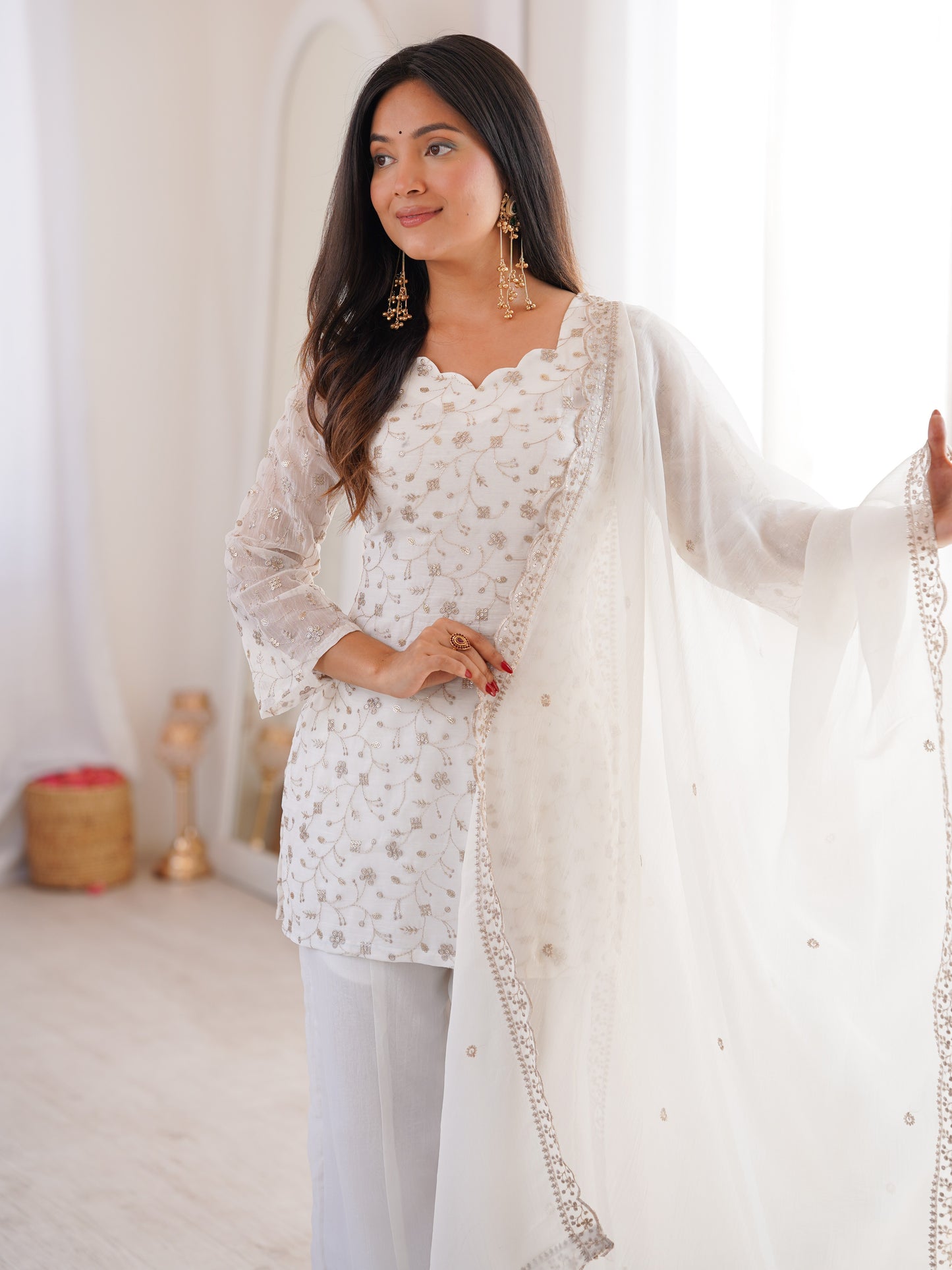Spectacular White Embroidered Crunchy Silk Party Wear Pant Suit