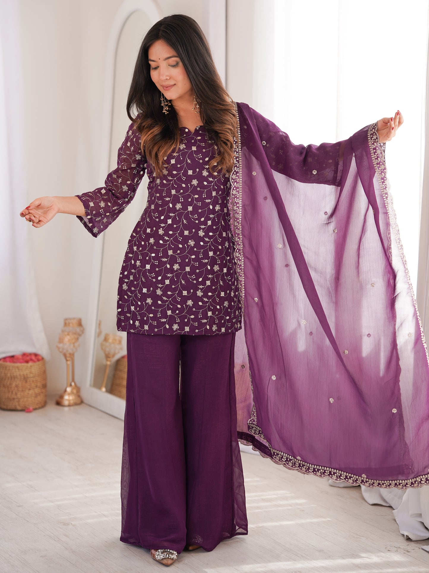 Lavishing Purple Embroidered Crunchy Silk Bollywood Pant Suit
