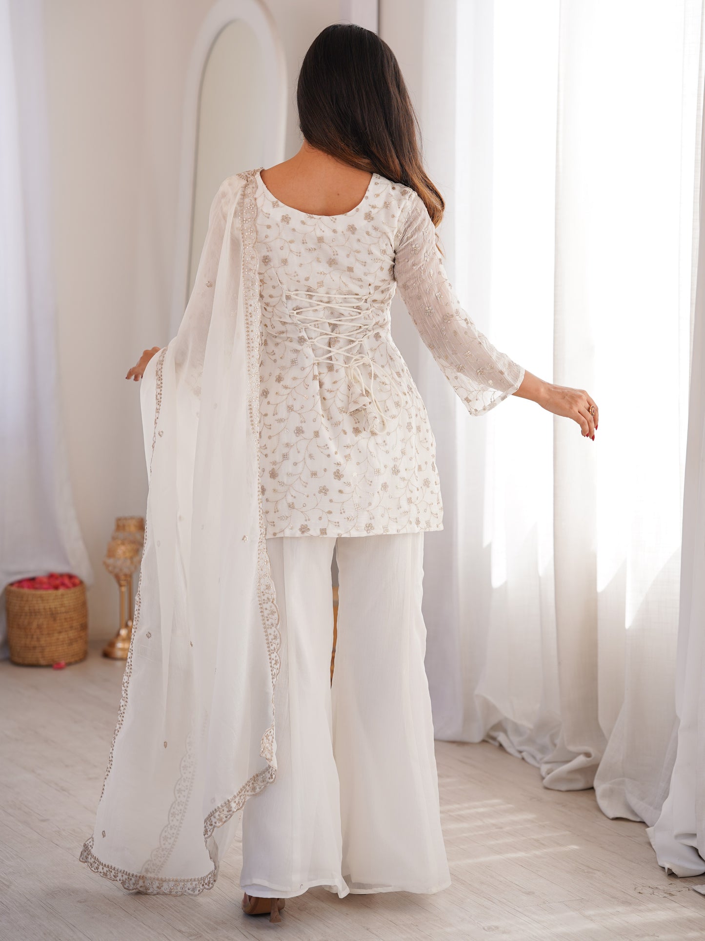 Spectacular White Embroidered Crunchy Silk Party Wear Pant Suit