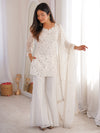 Spectacular White Embroidered Crunchy Silk Party Wear Pant Suit