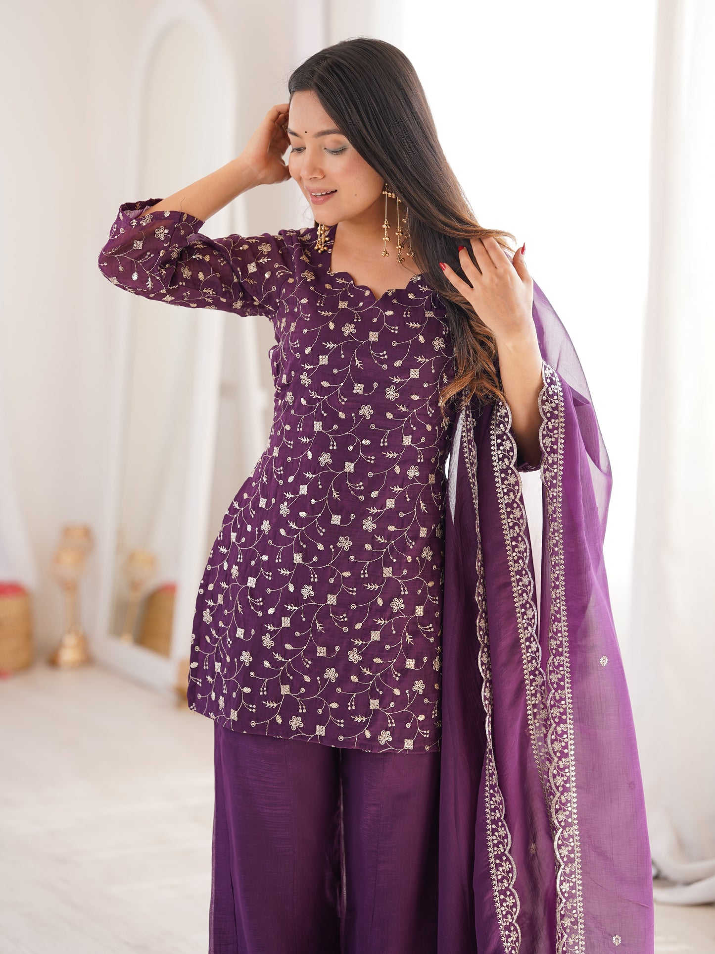 Lavishing Purple Embroidered Crunchy Silk Bollywood Pant Suit