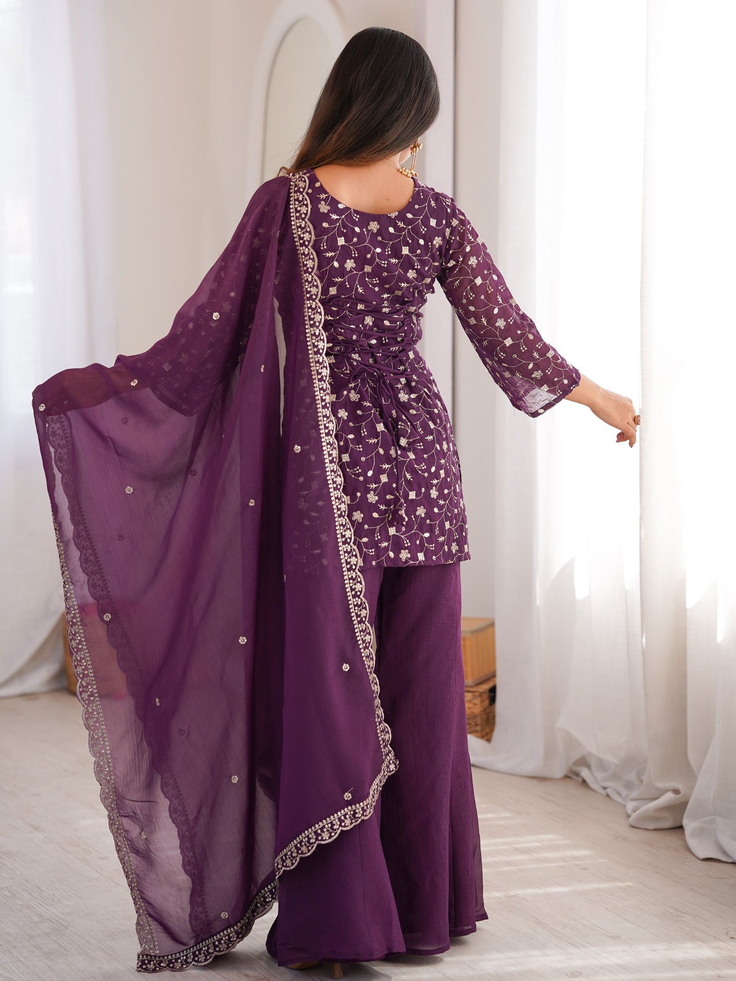 Lavishing Purple Embroidered Crunchy Silk Bollywood Pant Suit