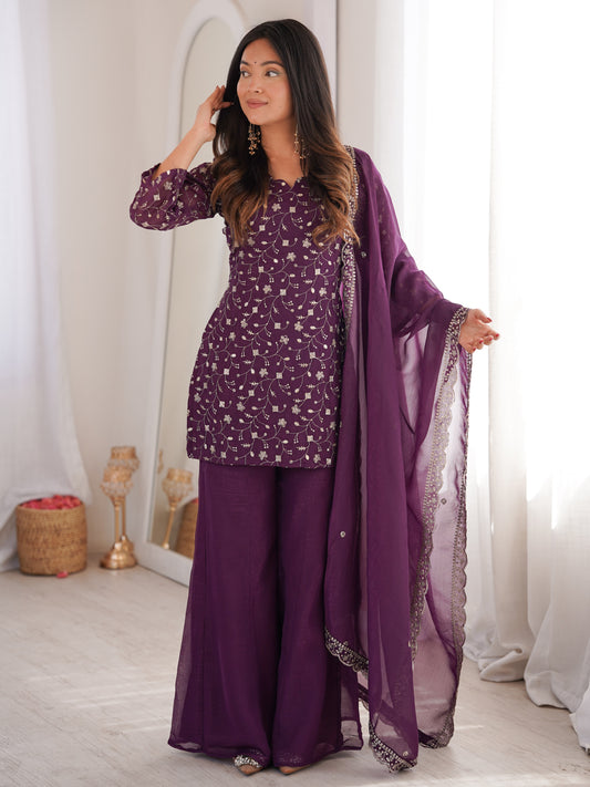 Lavishing Purple Embroidered Crunchy Silk Bollywood Pant Suit