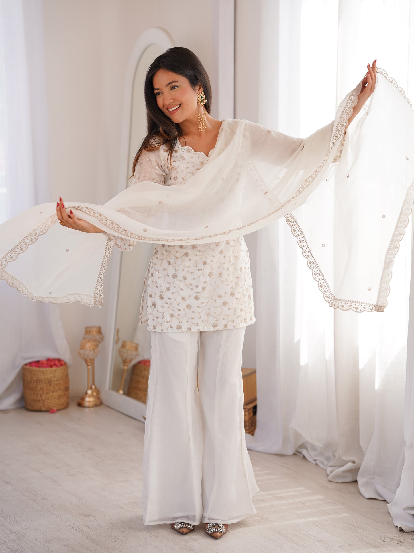 Spectacular White Embroidered Crunchy Silk Party Wear Pant Suit