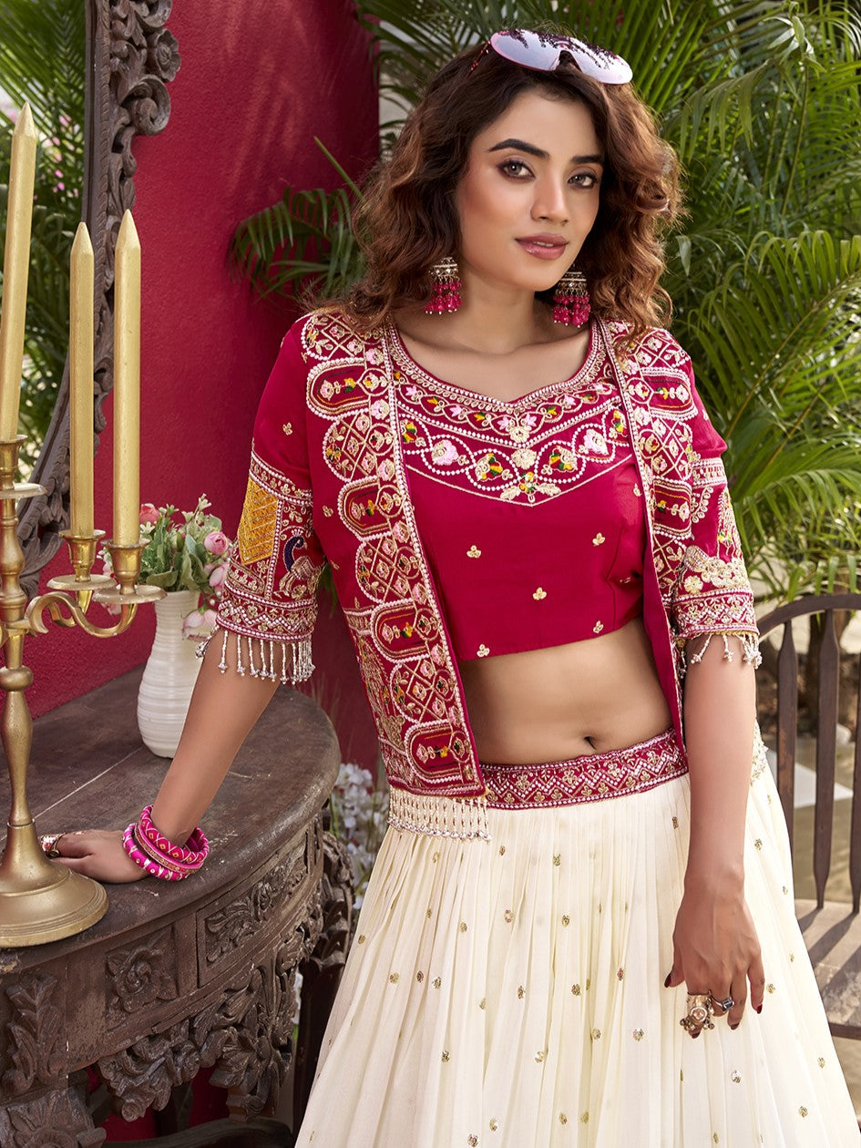 Amazing Off-White Thread Work Silk Lehenga Choli With Jacket