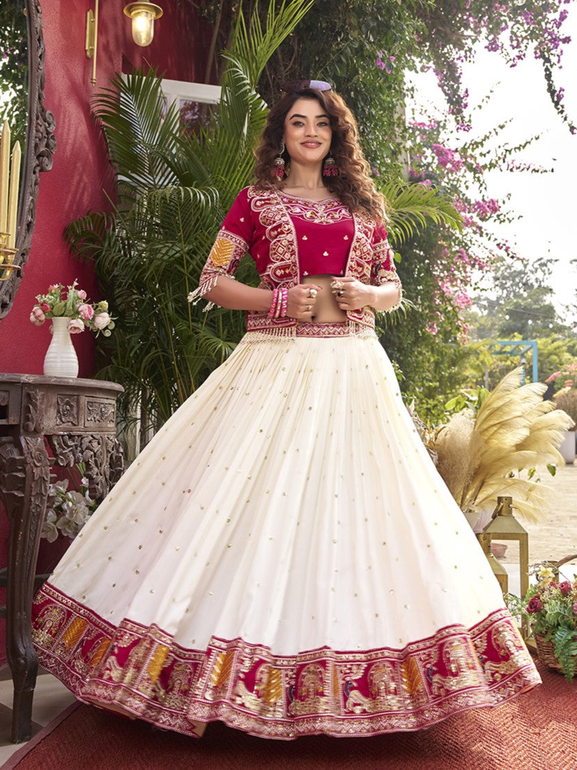 Amazing Off-White Thread Work Silk Lehenga Choli With Jacket