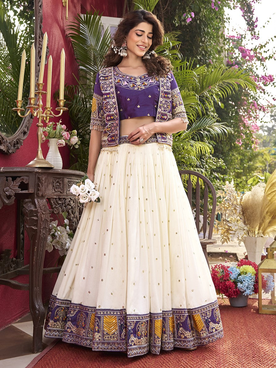 Beautiful Off-White Embroidery Silk Lehenga Choli With Jacket