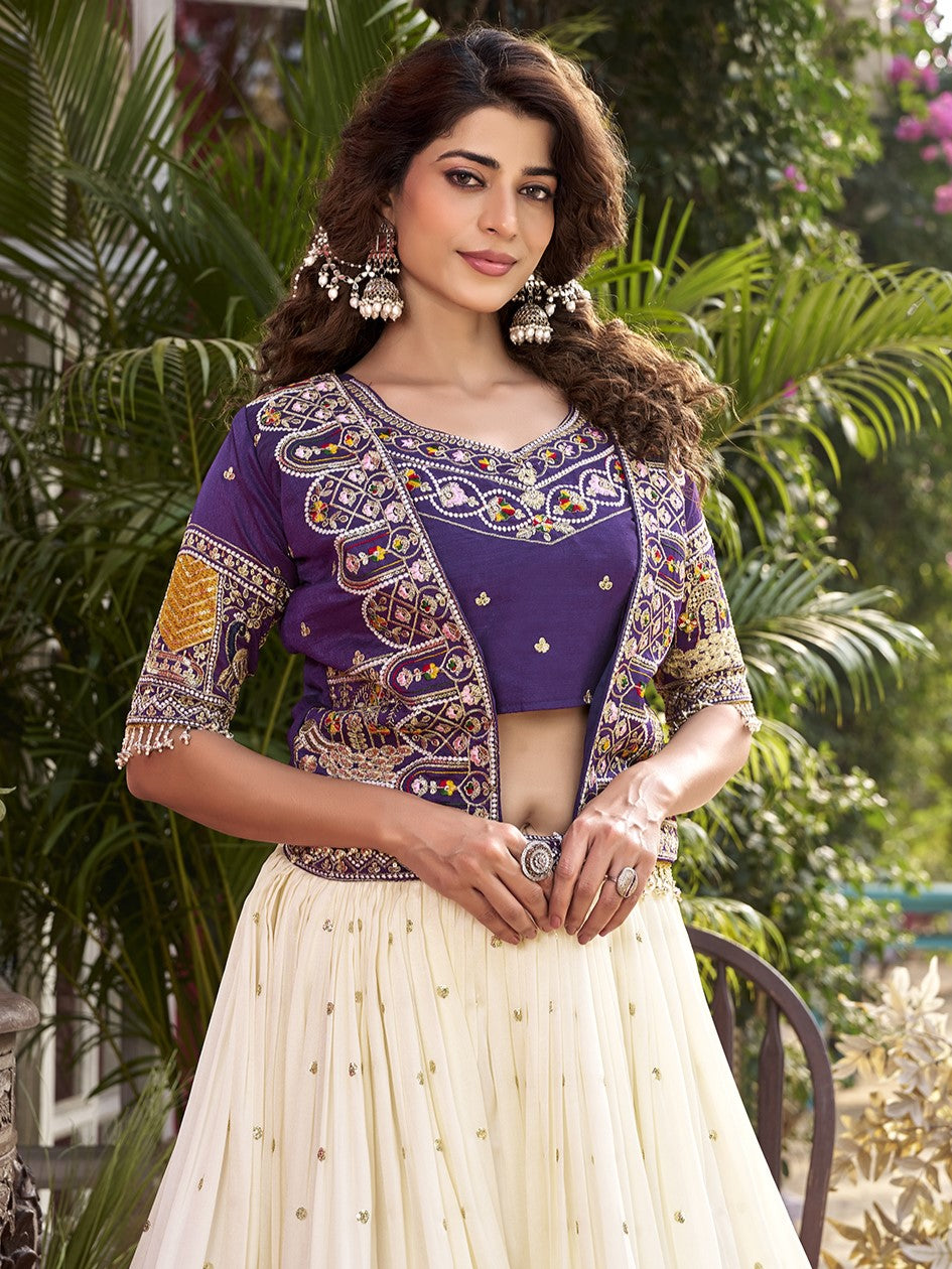 Beautiful Off-White Embroidery Silk Lehenga Choli With Jacket