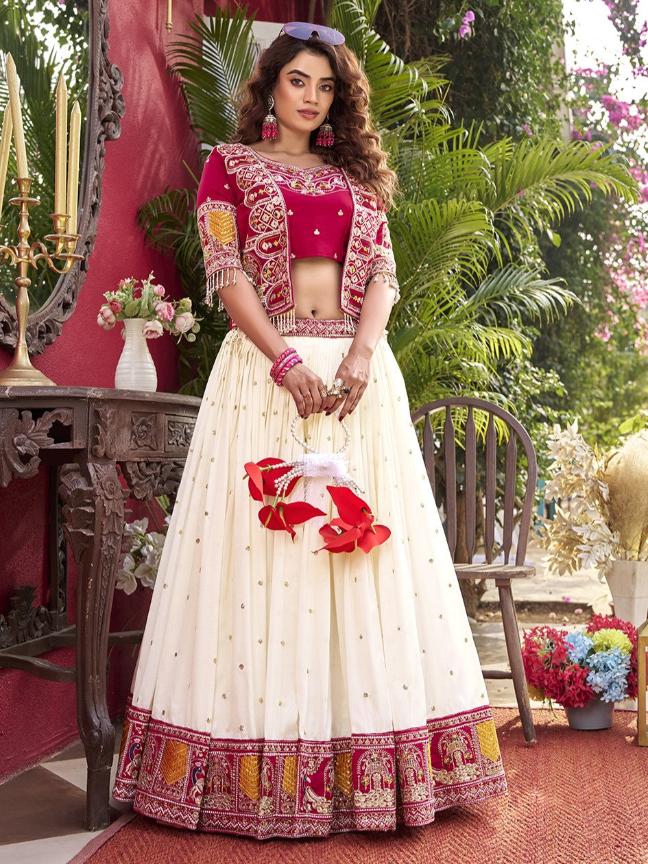Amazing Off-White Thread Work Silk Lehenga Choli With Jacket