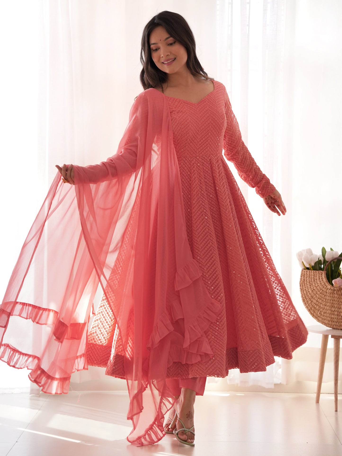 Marvelous Pink Embroidered Georgette Engagement Anarkali Suit