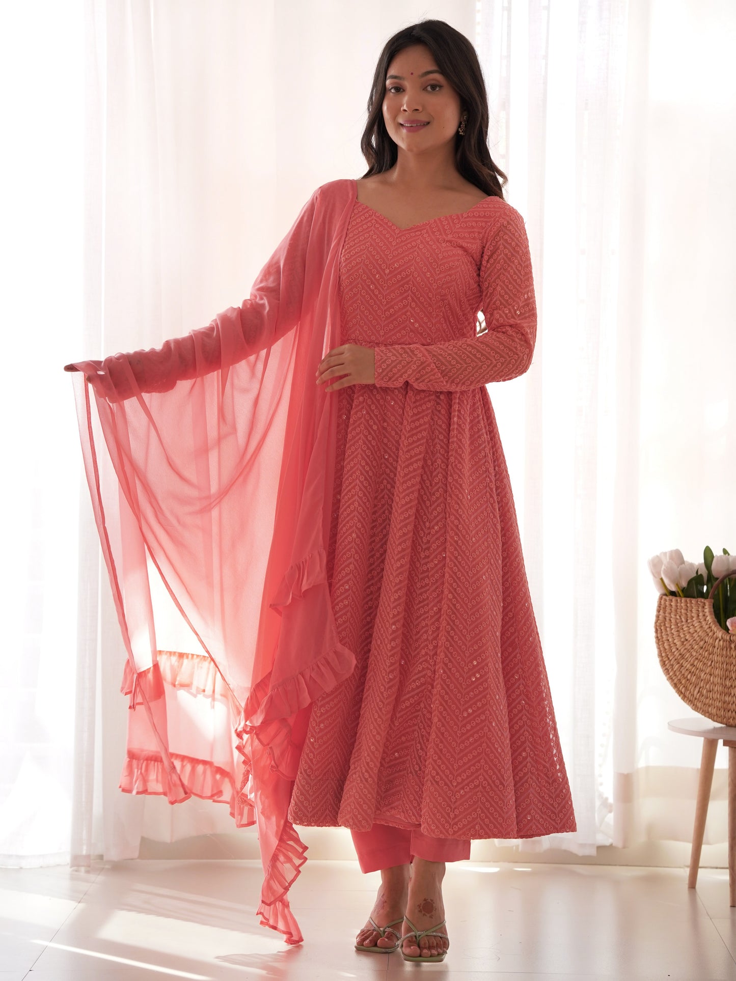 Marvelous Pink Embroidered Georgette Engagement Anarkali Suit